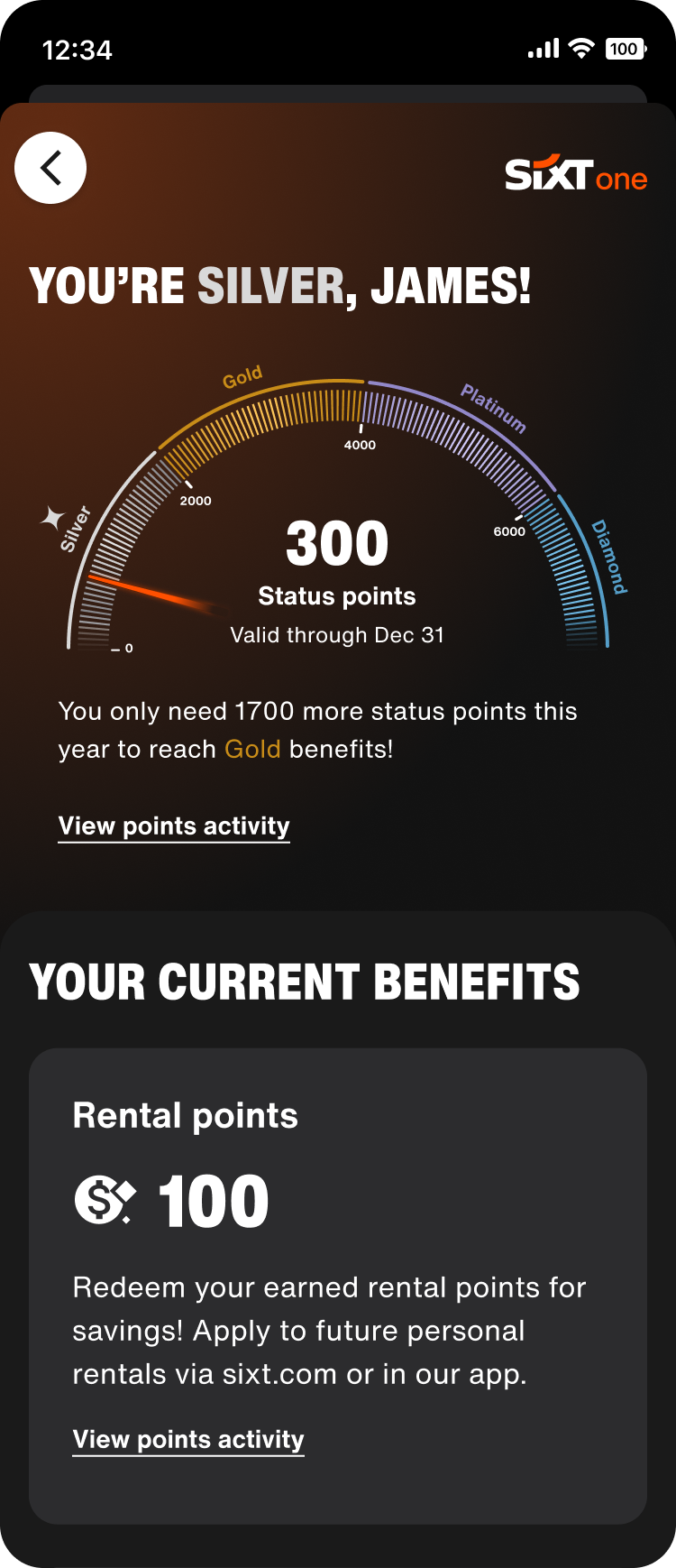 A mobile status screen: a gauge showing 300 status points on the way from Silver to Gold, and below it a separate card for 100 rental points to redeem on future rentals